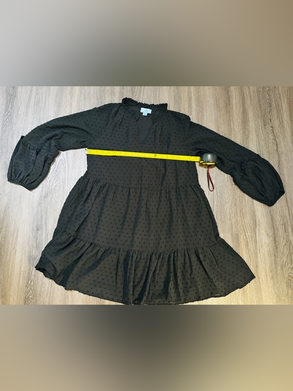 CeCe Black Swiss Dot Ruffle Tiered Mini Dress Size M Boho Long Sleeve Flowy - Picture 6 of 10